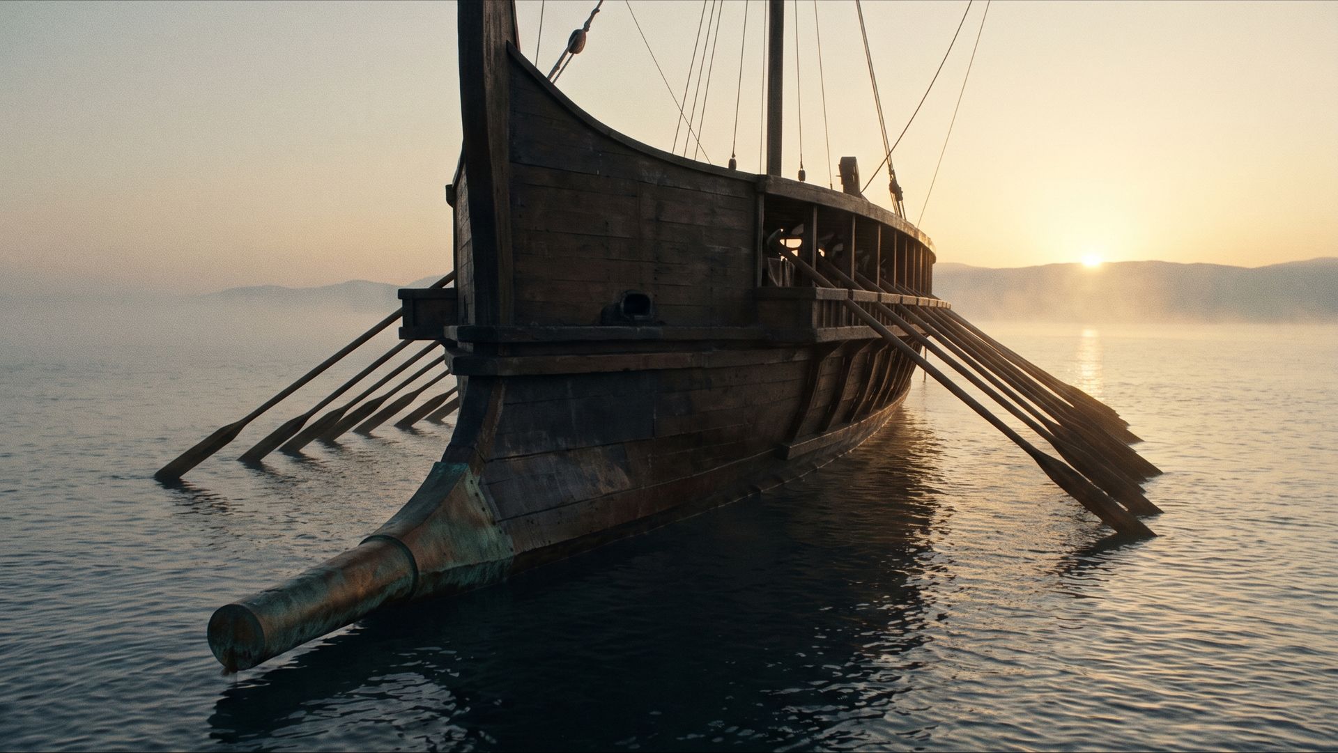 An ancient Roman warship sailing at dawn